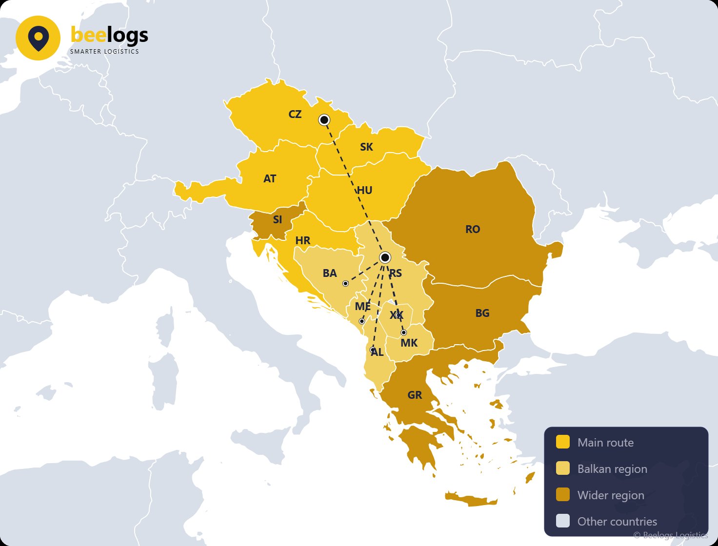 Map of the regular BeeLogs groupage line between the Czech Republic and the Balkans