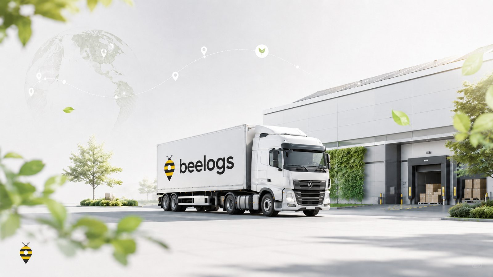 A BeeLogs truck outside a warehouse surrounded by greenery — sustainable logistics
