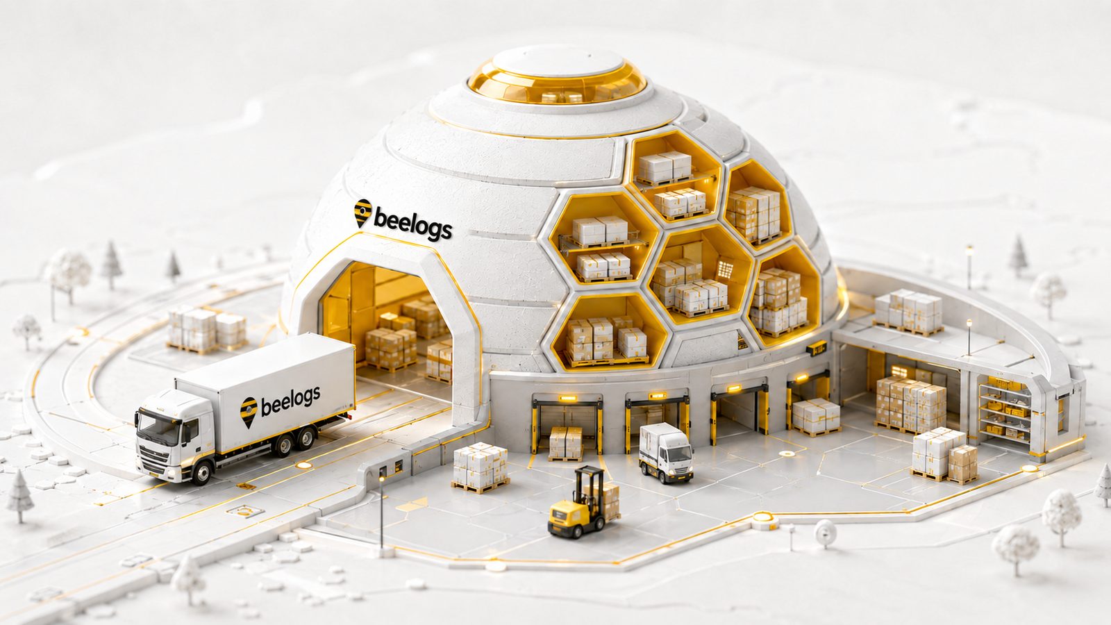 Concept of the BeeLogs honeycomb warehouse — a smarter organized flow of goods through the logistics process
