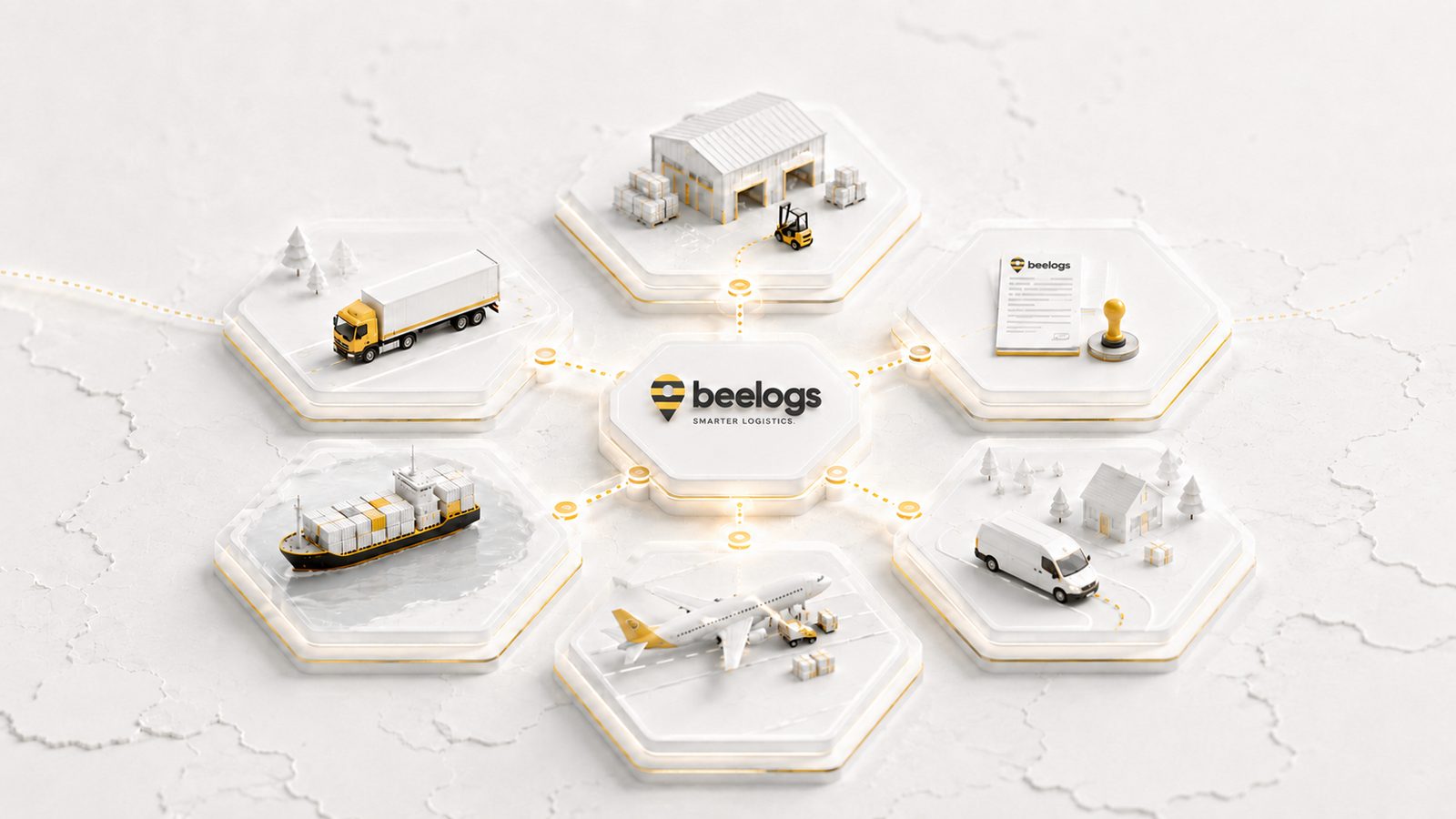 Diagram of BeeLogs services — transport, customs, warehousing and distribution