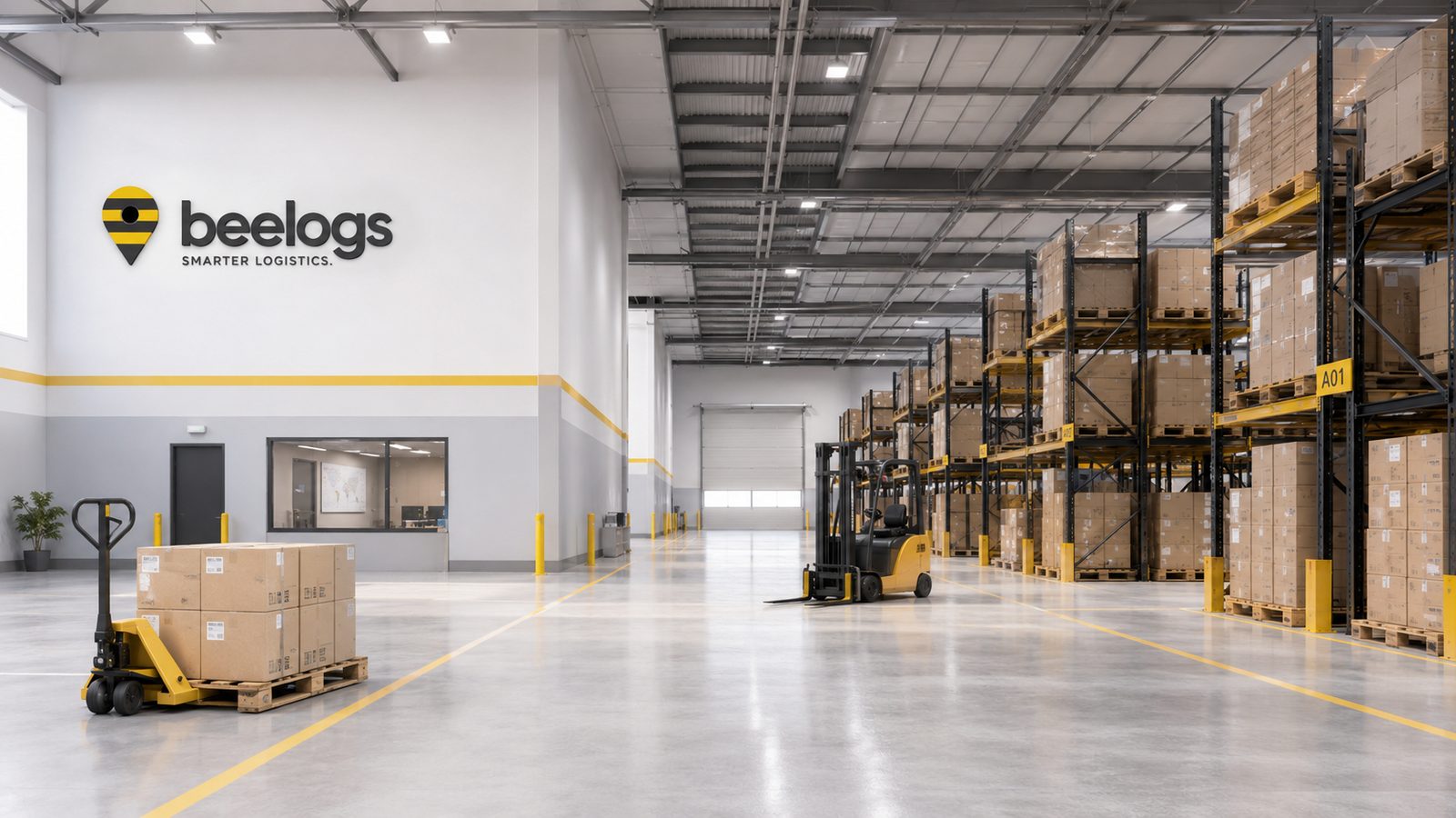 Interior of a BeeLogs warehouse with pallet racking and a forklift